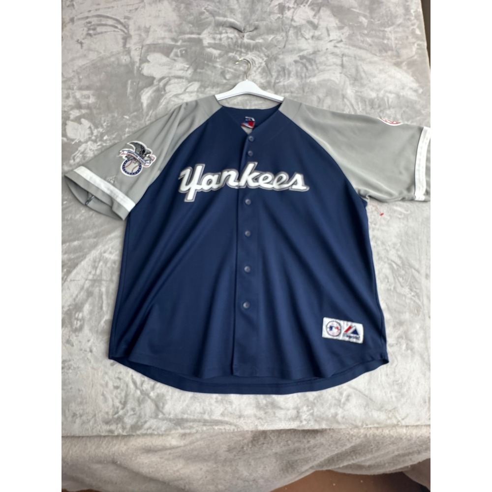 Majestic New York Yankees MLB Baseball Jersey Navy Grey Button Front XL 1331